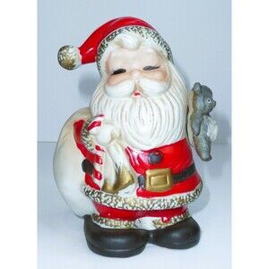 Vintage HOMCO Christmas Santa Bank Ceramic Toy Sack Teddy Bear Figure Figurine